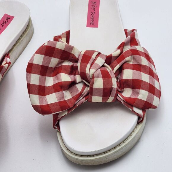 Betsey Johnson Picnic Red Gingham Bow Slide Sandals - Picture 11 of 11